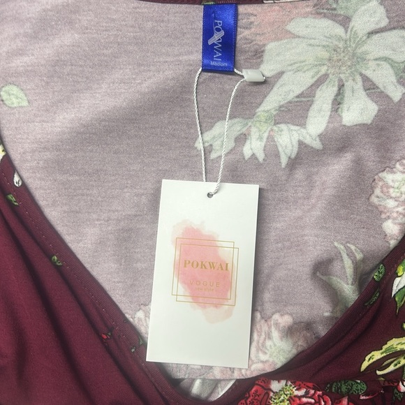 Pokwai NWT Women’s Burgundy Floral Maxi Long Sleeve Faux Wrap with Belt Large - Picture 5 of 6